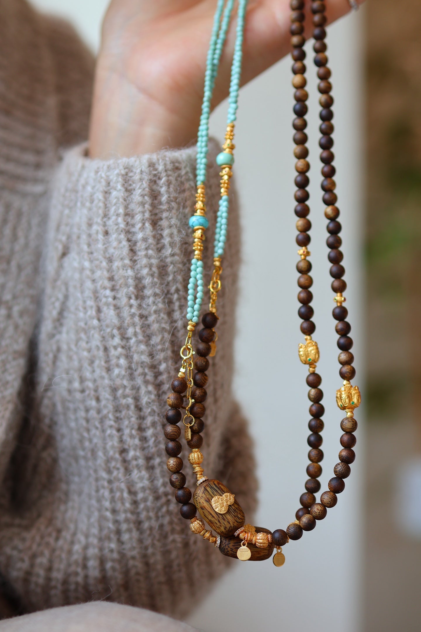 Kynam Agarwood Necklace, Turquoise & Turtle Charms, 60 cm, Detachable