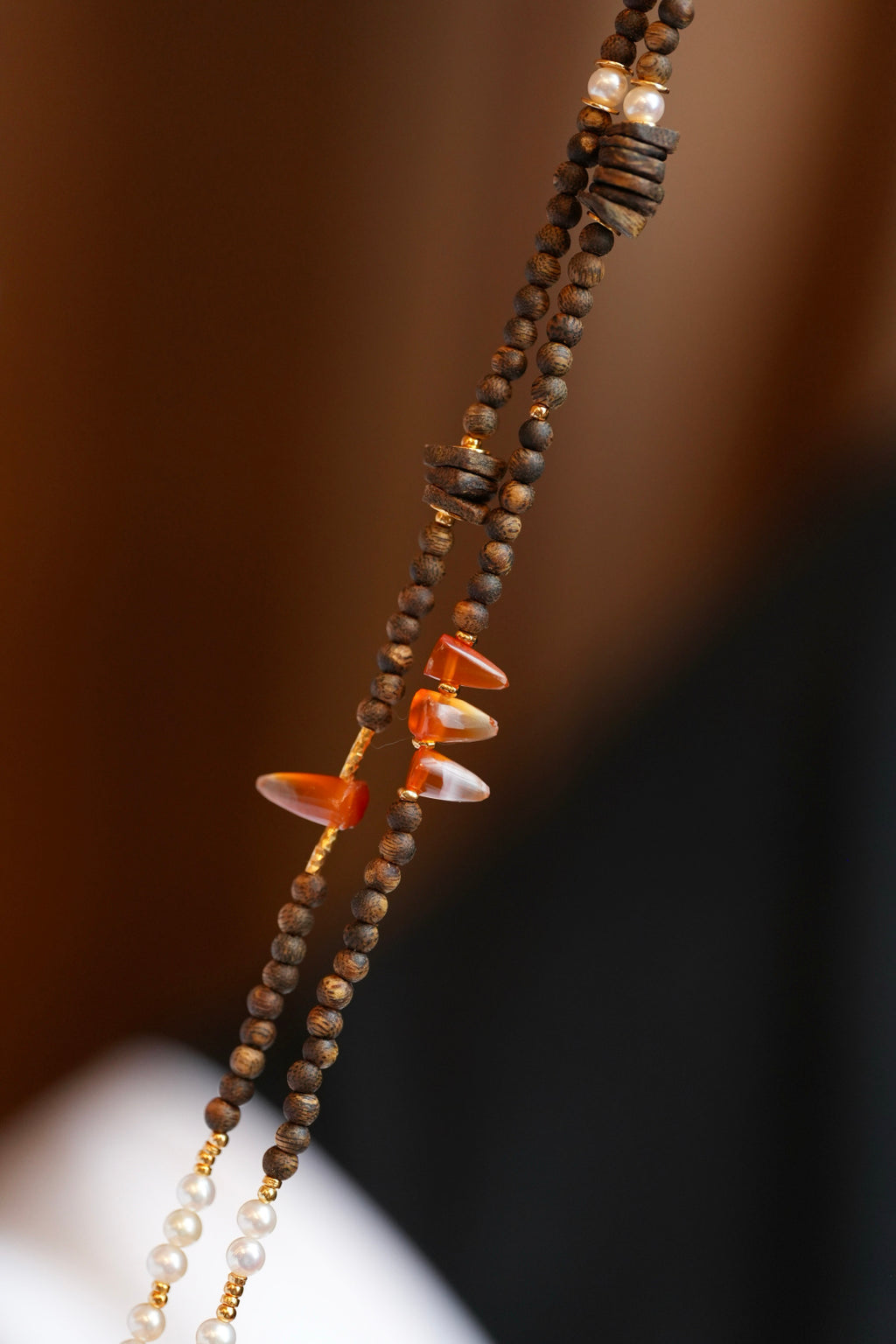 Kynam Agarwood Necklace, Freshwater Pearl, Turquoise & Carnelian