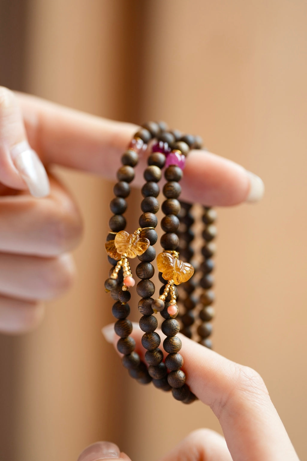 Kynam Agarwood Bracelet, Yellow Tourmaline Butterfly & Coral