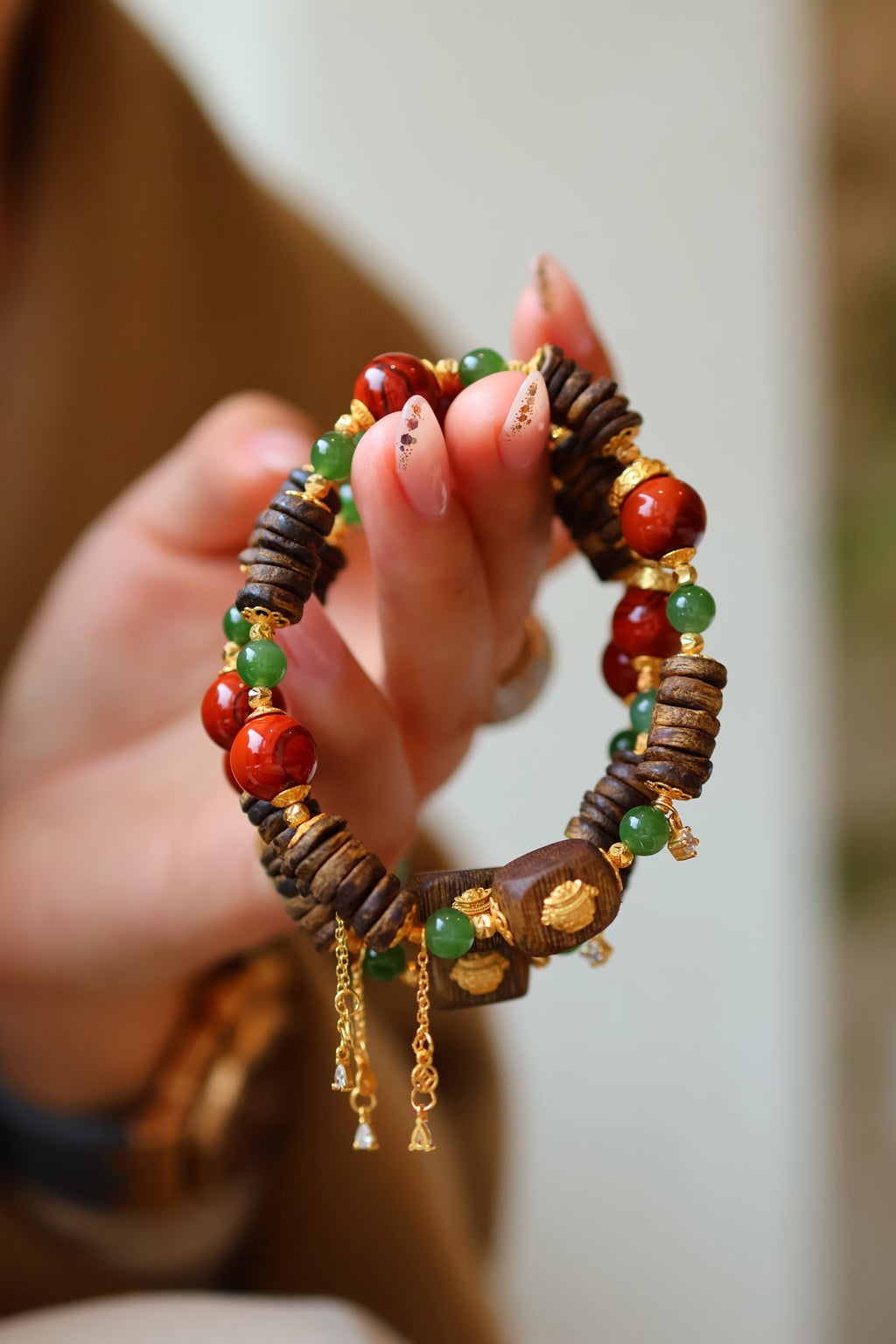 Kynam Agarwood Bracelet, South Red Agate & Green Jade, Treasure Bowl Charm