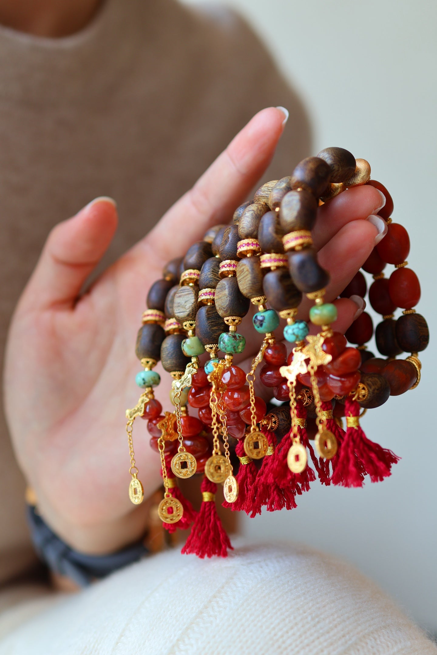 Kynam Agarwood Bracelet, South Red Agate & Turquoise
