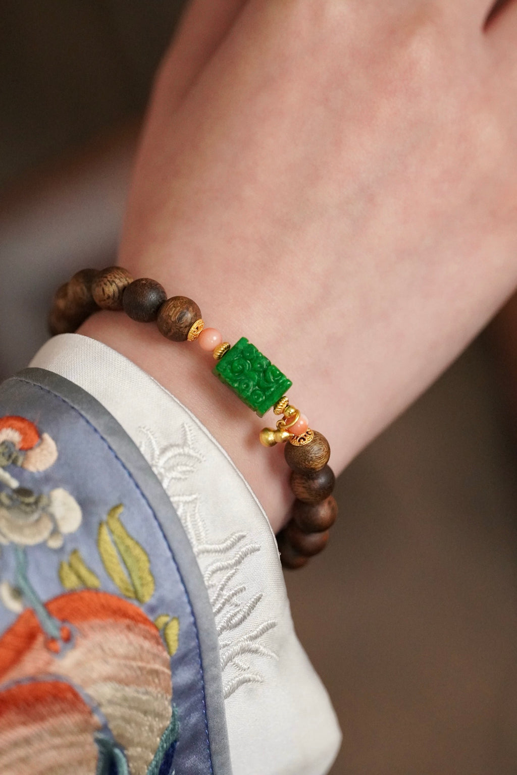 Kynam Agarwood Bracelet, Carved Imperial Green Jade & Pink Coral