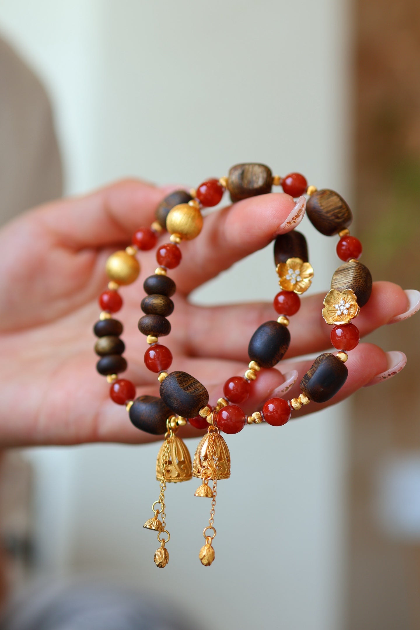 Kynam Agarwood & South Red Agate Bracelet Set, Plum Blossom Charm