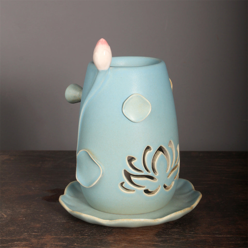 Lotus Ceramic Incense Warmer, Celadon Glaze with Candle Heating