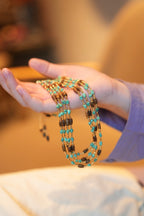 Kynam Agarwood & Turquoise Long Necklace, High-Porcelain Seed Stones, Barrel Beads