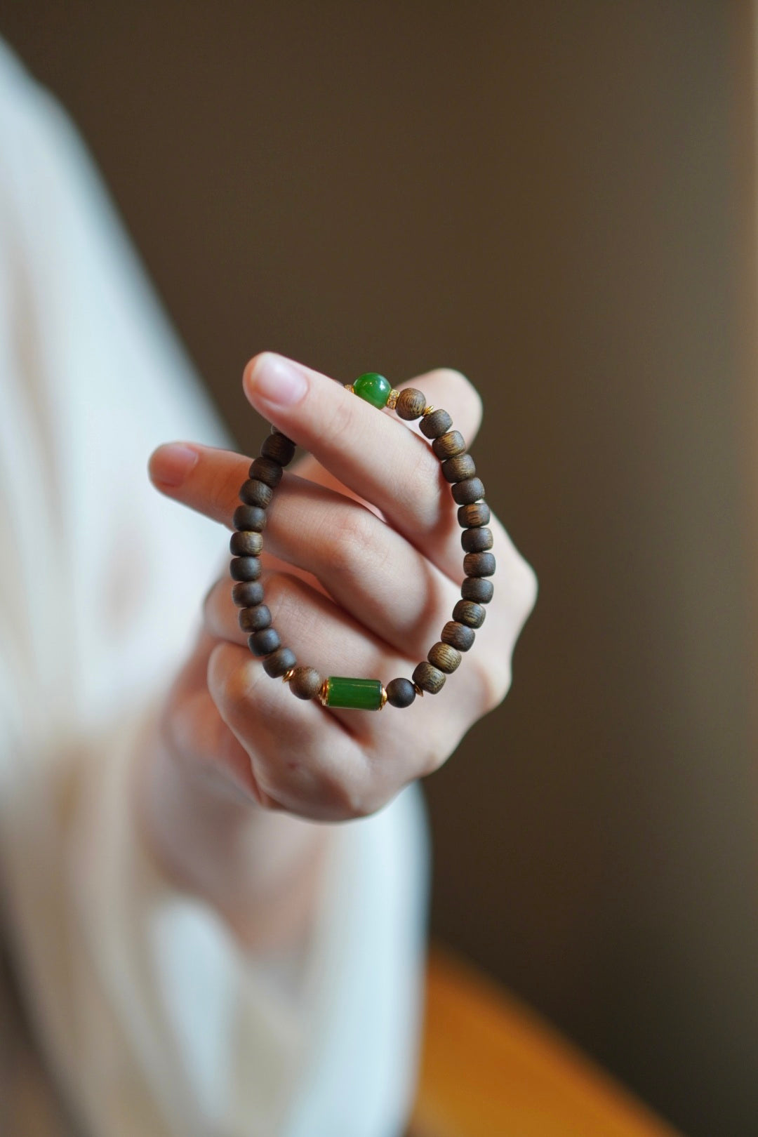 Kynam Agarwood Bracelet, Spinach Green Nephrite Jade