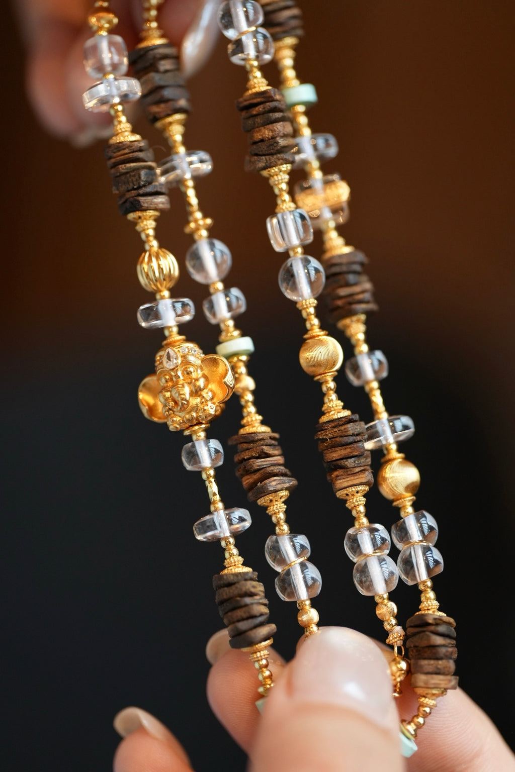 Kynam Agarwood Necklace, White Crystal, Turquoise & Ganesha
