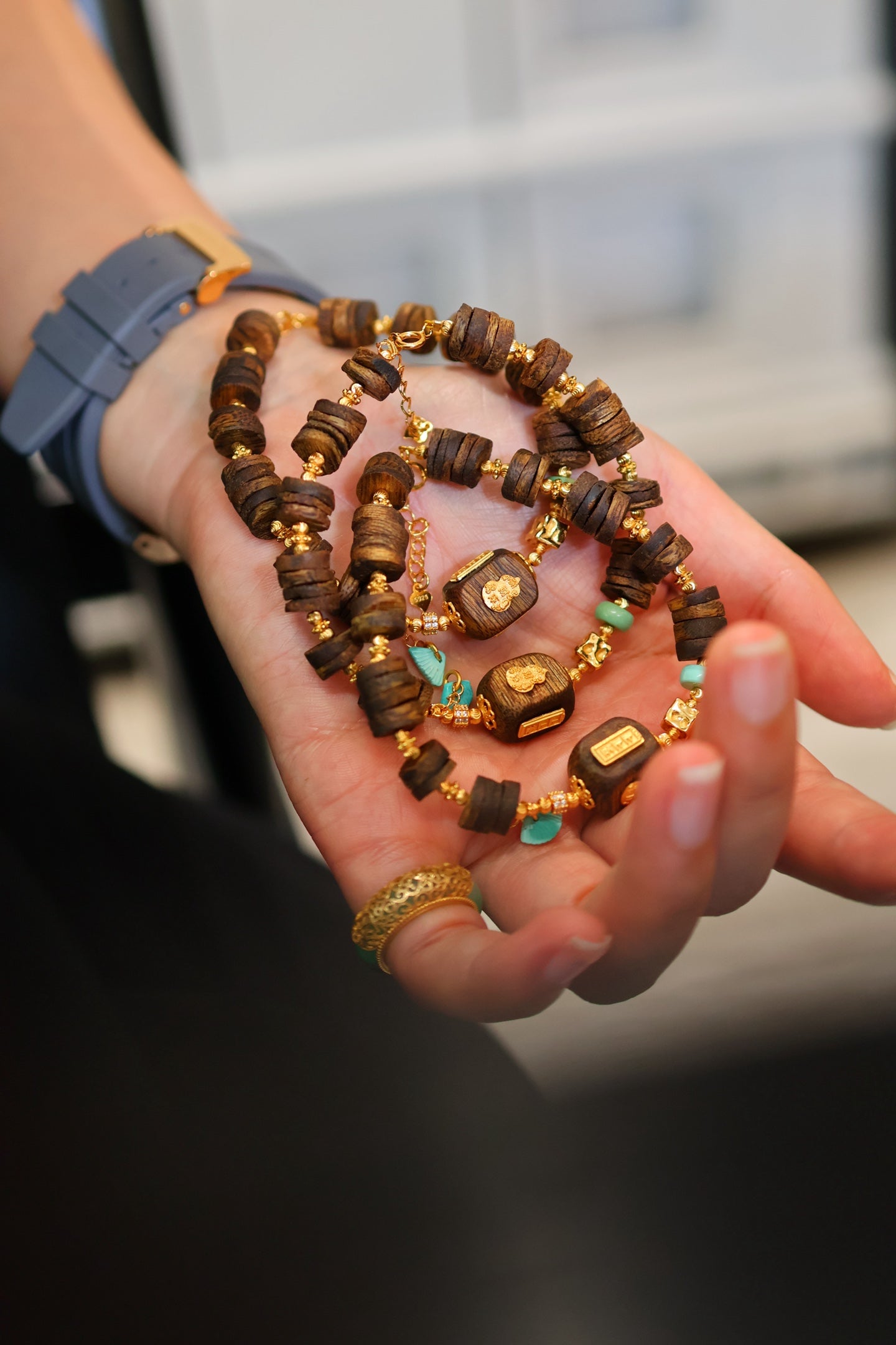 Kynam Agarwood Bracelet, Carved Focal Cube & Sky-Blue Turquoise