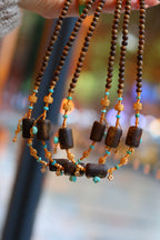 Kynam Agarwood Necklace, Sky-Blue Turquoise & Carved Flower Drops, 4.5mm, 45cm