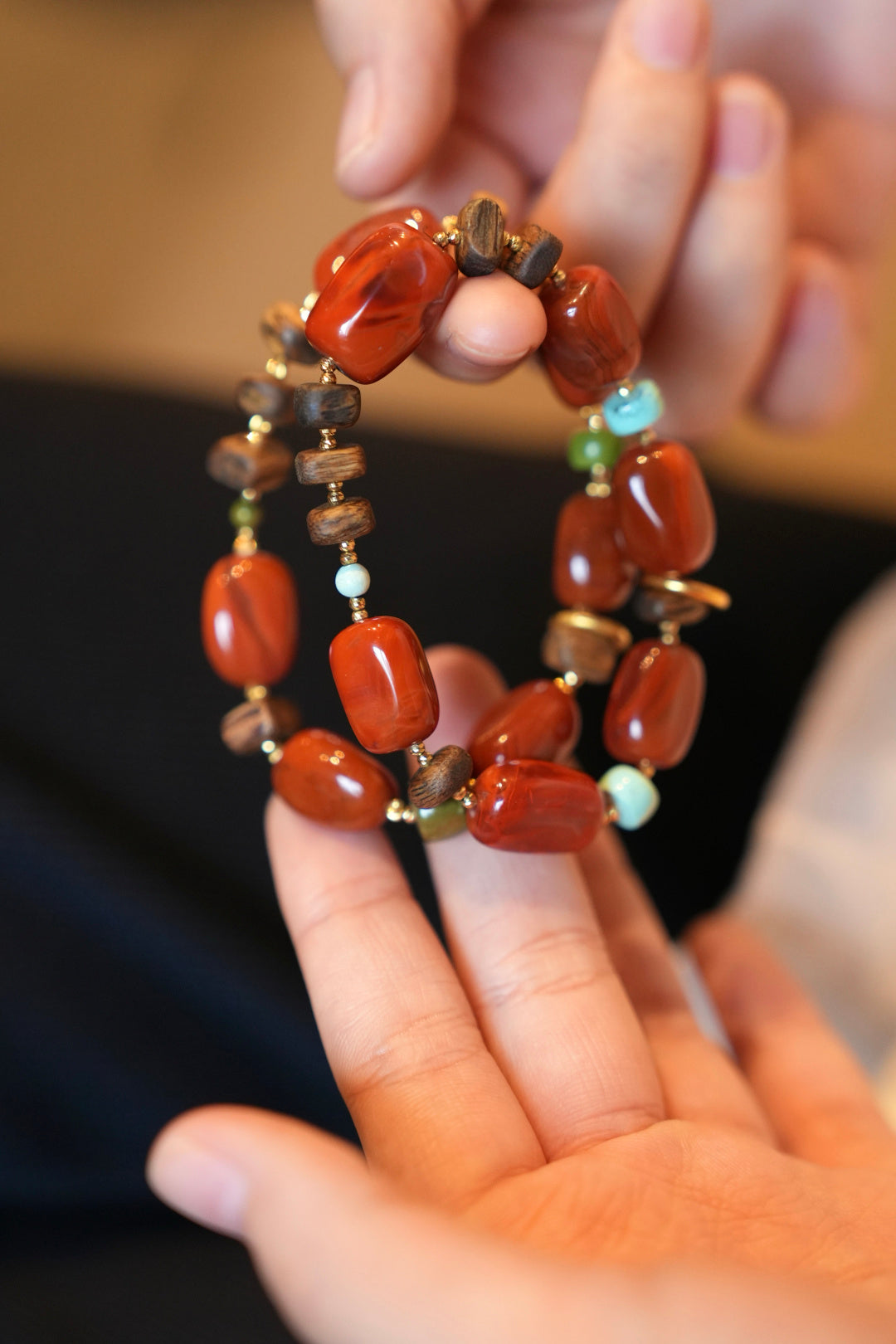 Kynam Agarwood Bracelet, South Red Agate & Turquoise