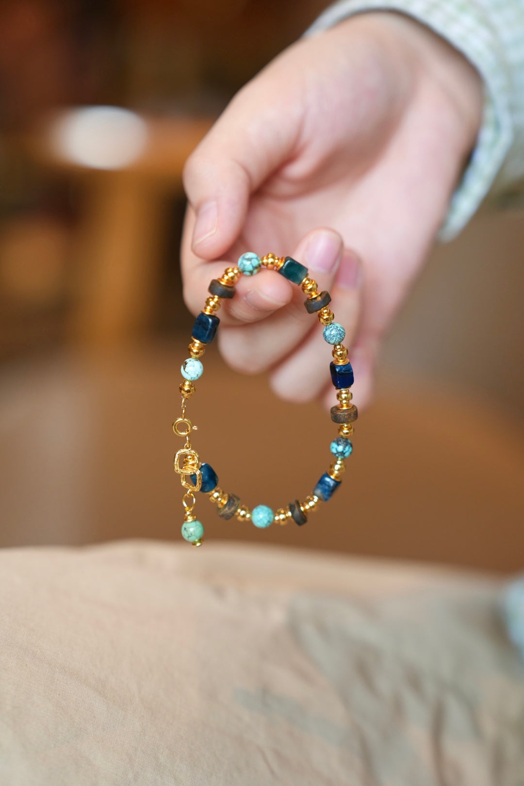 Turquoise & Sugilite Bracelet, Web-Pattern Rounds, Blue-Purple Cubes, Kynam Agarwood Discs