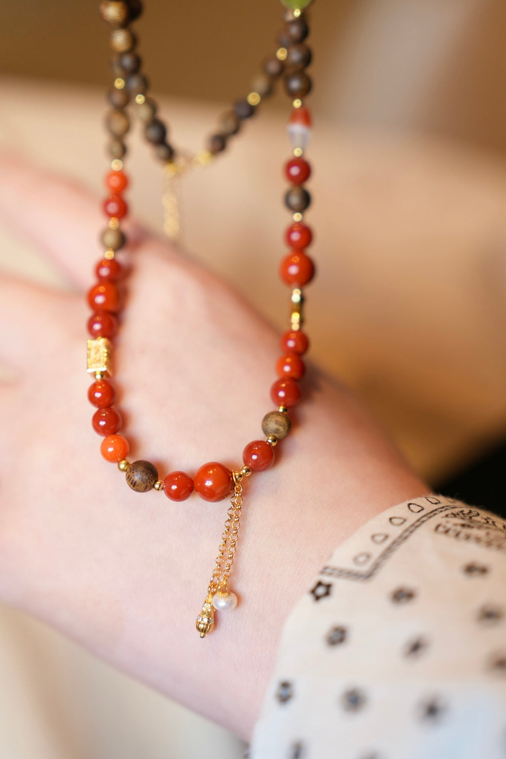 Kynam Agarwood Necklace, South Red Agate, Nephrite Jade & Carnelian