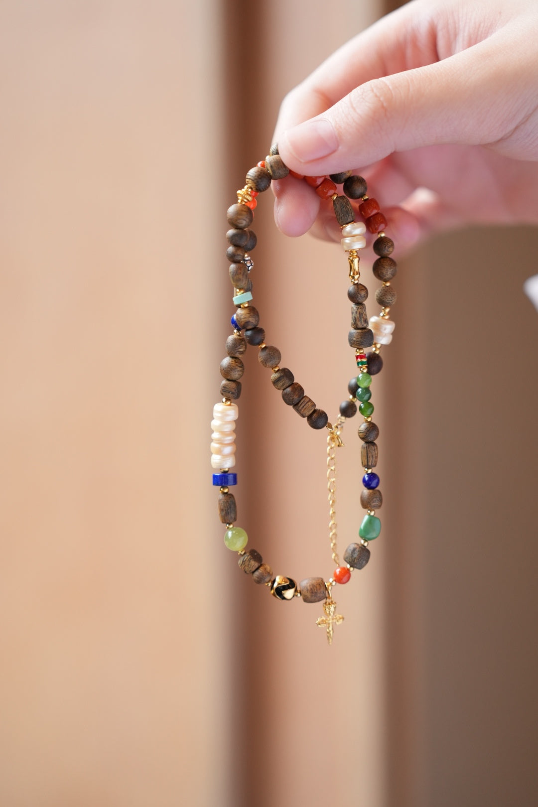 Kynam Agarwood Necklace, South Red, Tibetan Pearl, Jade & Lapis