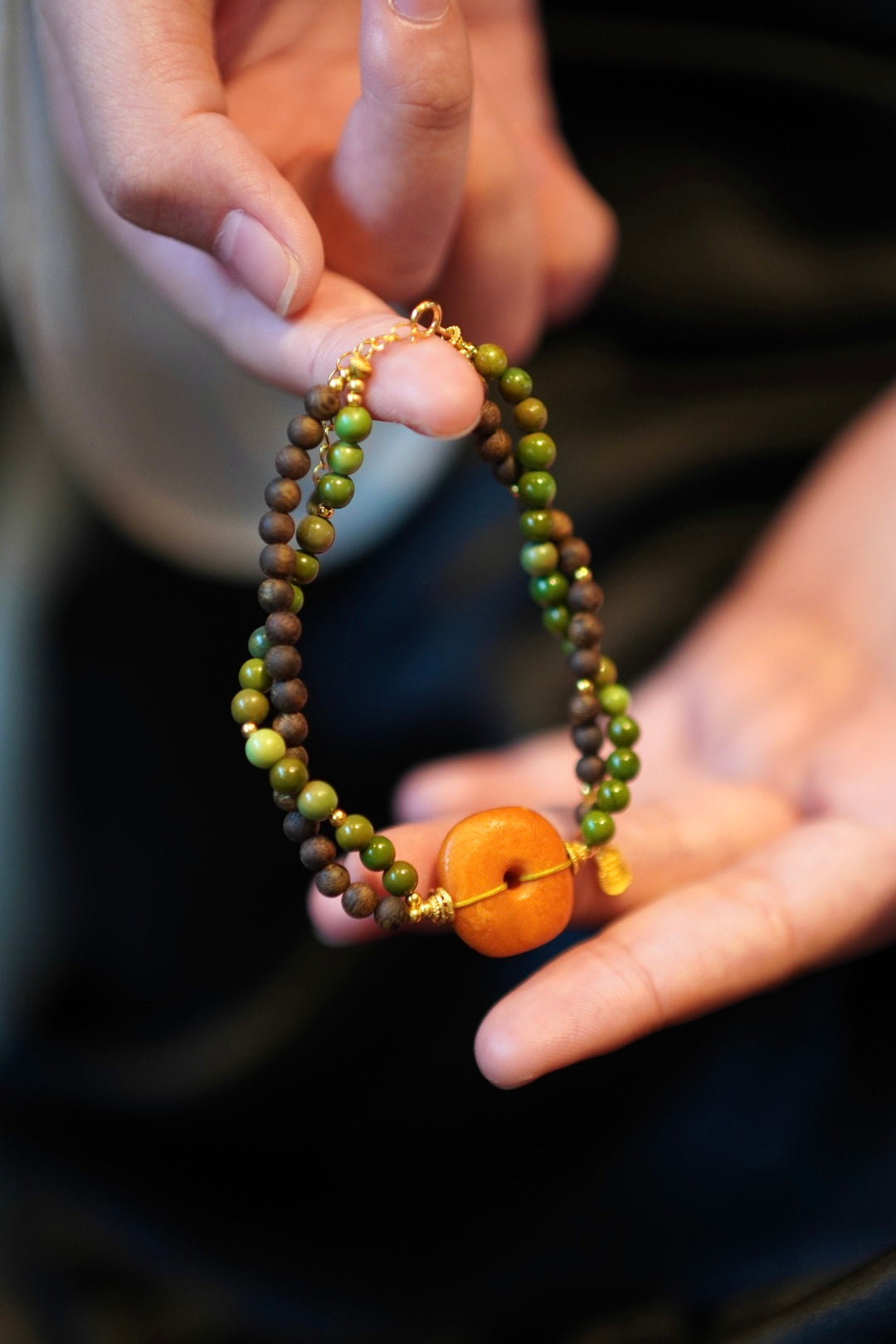 Kynam Agarwood & Turquoise Bracelet, Old Beeswax Amber Disc Focal