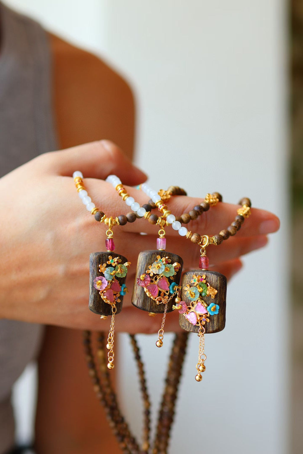 Kynam Agarwood Pendant Necklace, White Jade, Turquoise, and Tourmaline Butterfly