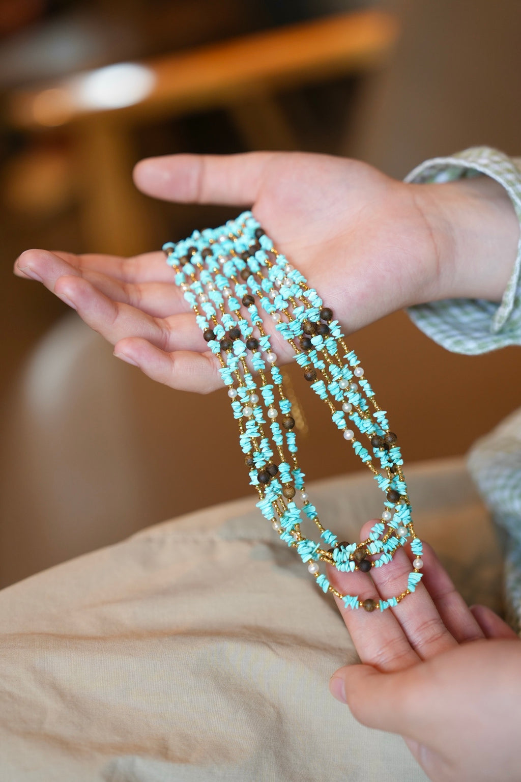 Kynam Agarwood Necklace, Sky-Blue Turquoise & Pearl, Freeform Chips