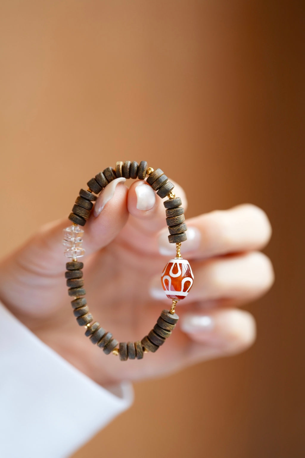 Kynam Agarwood Bracelet, Etched Agate & Clear Quartz