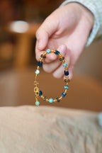 Turquoise and Sugilite Bracelet, Web-Pattern Rounds, Deep Blue Cubes, Agarwood Disc Spacers, Adjustable Clasp