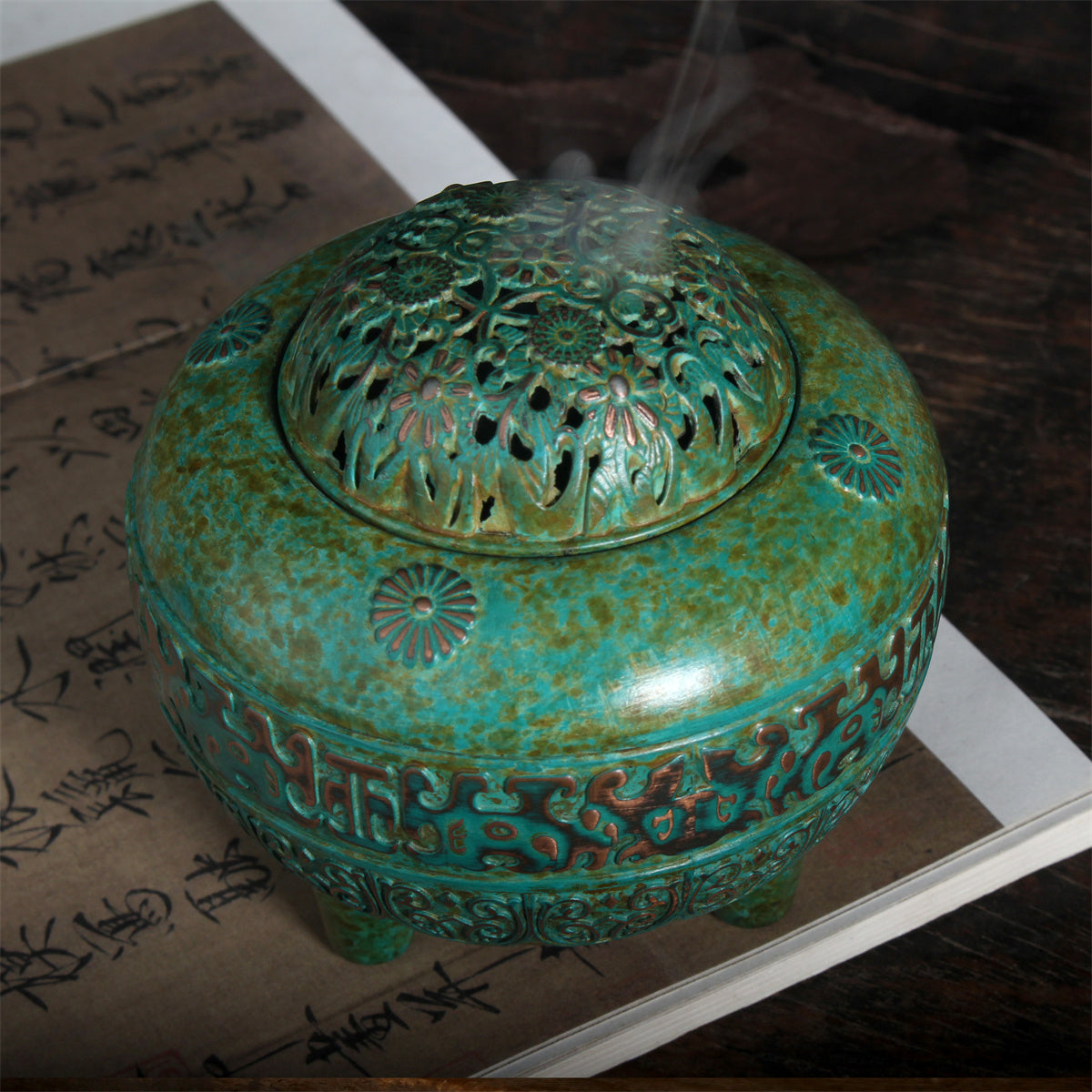 Incense Burner, Pure Copper Tripod, Ancient-Pattern Openwork, Antique Patina