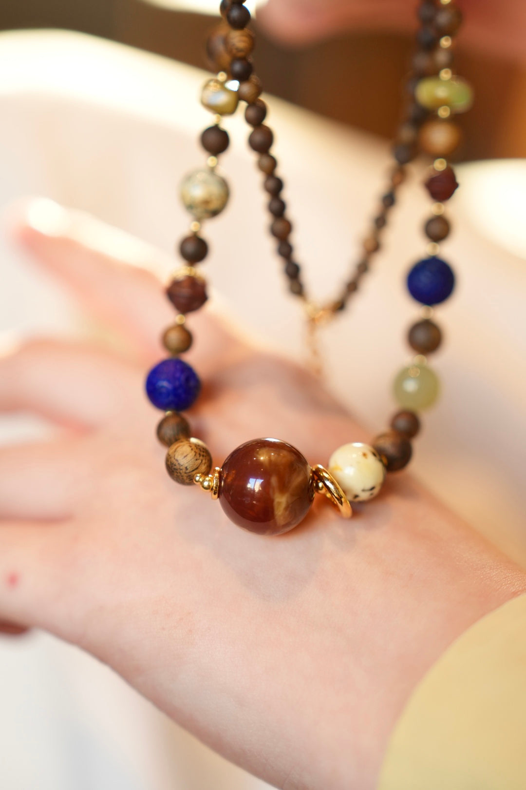 Kynam Agarwood Multi-Treasure Necklace, Cave Amber Main Bead, Lapis, South Red, Nephrite Jade, Turquoise