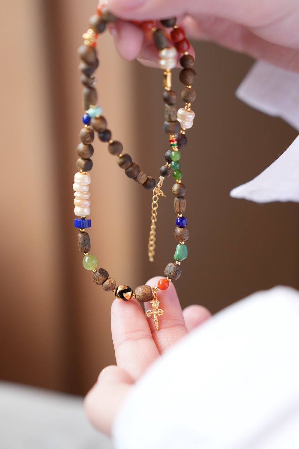 Kynam Agarwood Necklace, South Red, Tibetan Pearl, Jade & Lapis