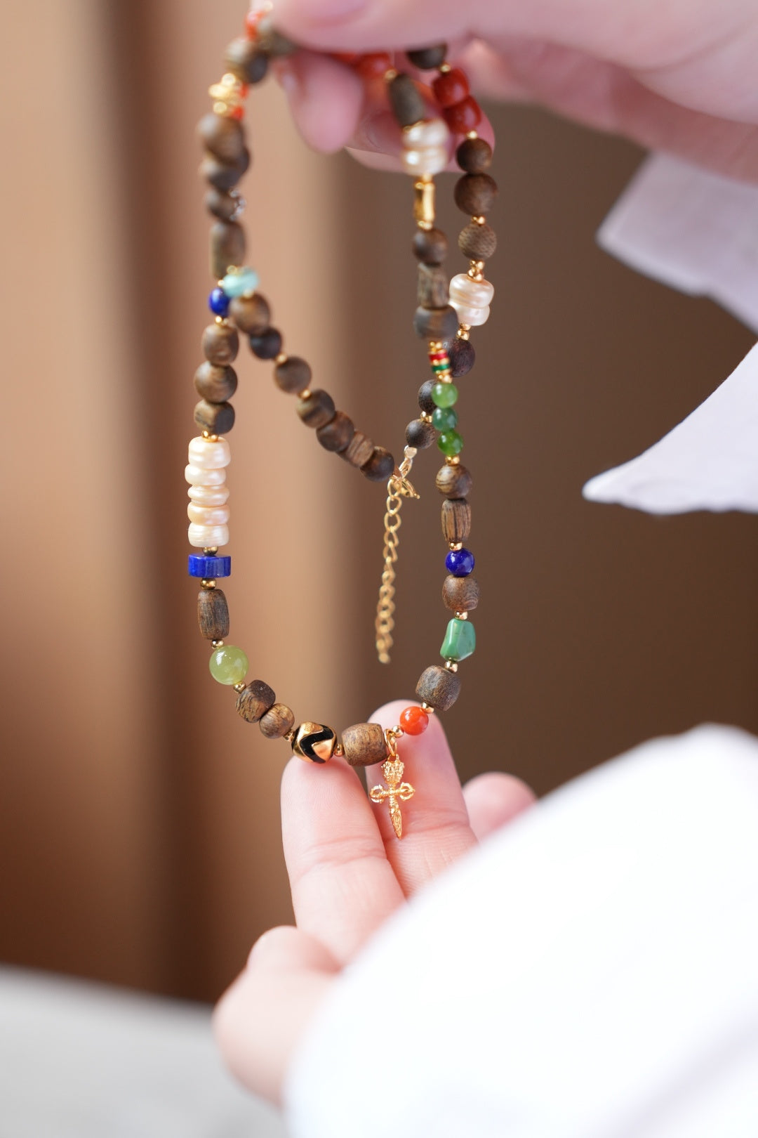 Kynam Agarwood Necklace, South Red, Tibetan Pearl, Jade & Lapis