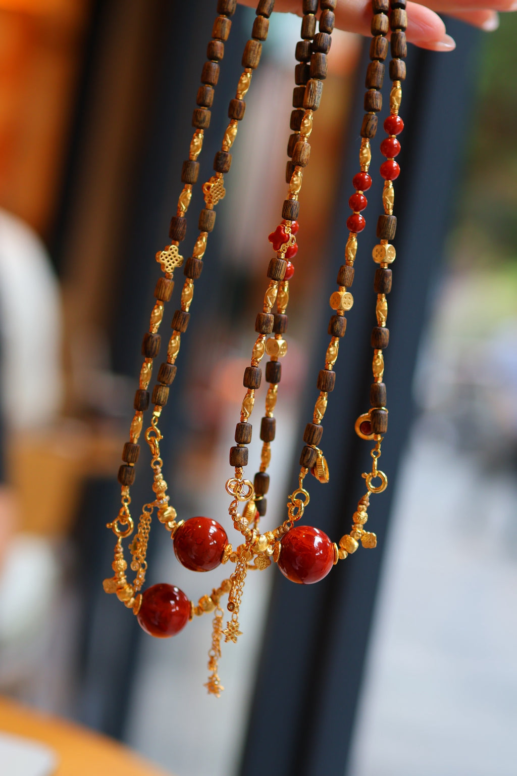 Kynam Agarwood Necklace, South Red Agate, Flame Focal, 56 cm