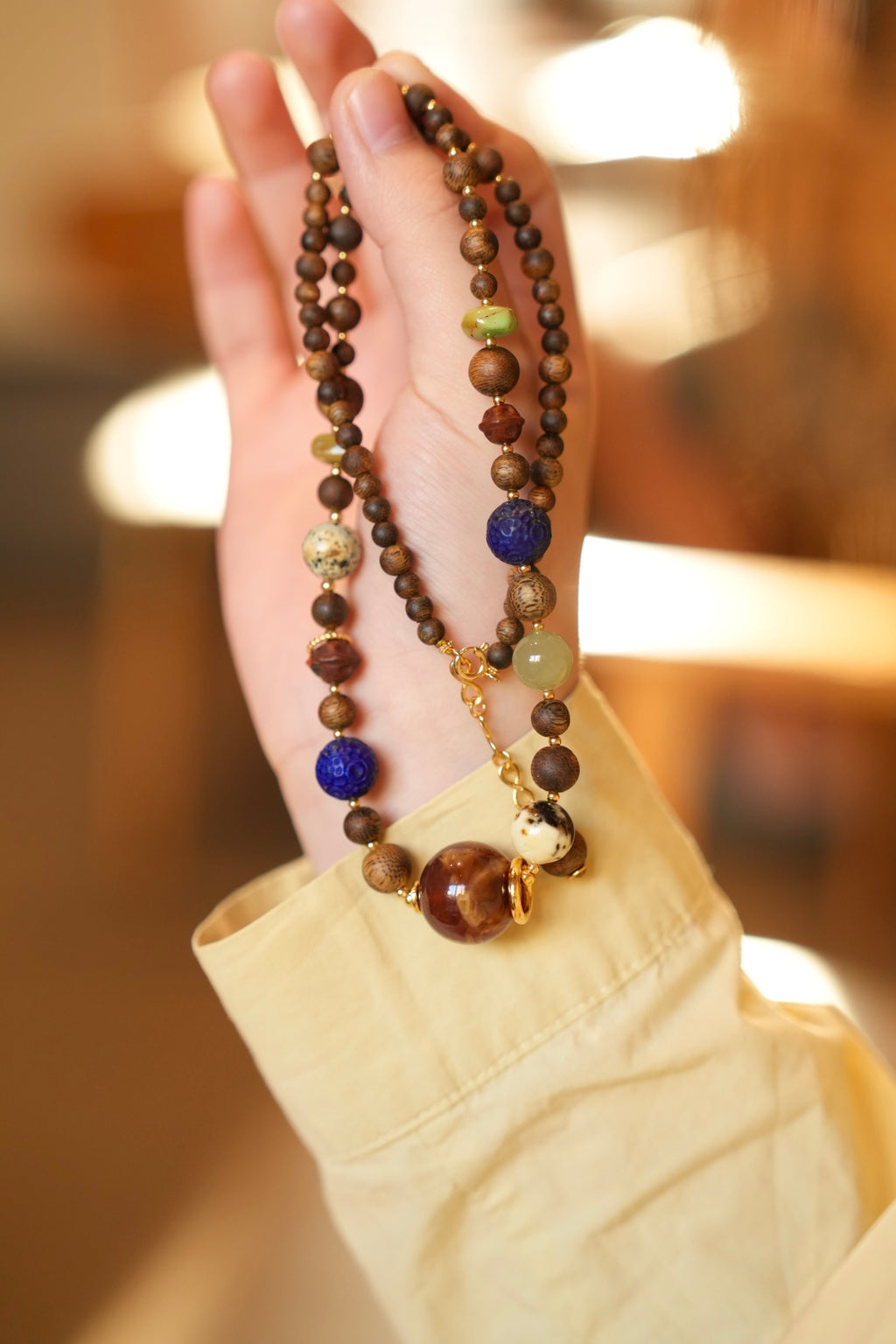 Kynam Agarwood Multi-Treasure Necklace, Cave Amber Main Bead, Lapis, South Red, Nephrite Jade, Turquoise