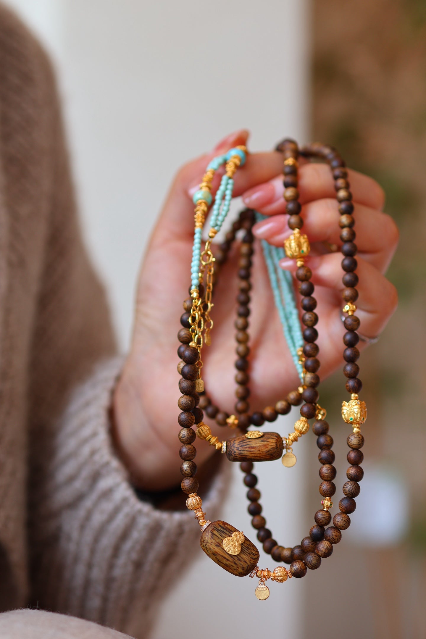 Kynam Agarwood Necklace, Turquoise & Turtle Charms, 60 cm, Detachable