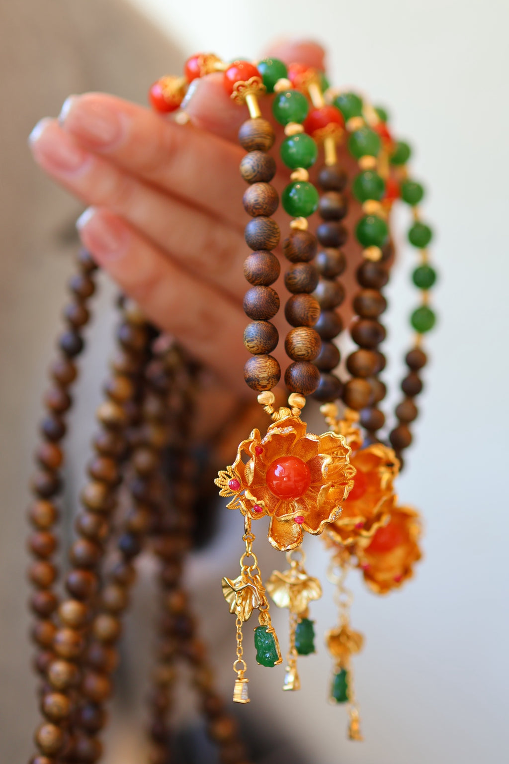 Kynam Agarwood Necklace, Jade, South Red Agate & Lotus Pendant