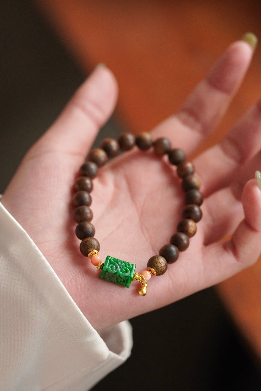 Kynam Agarwood Bracelet, Carved Imperial Green Jade & Pink Coral