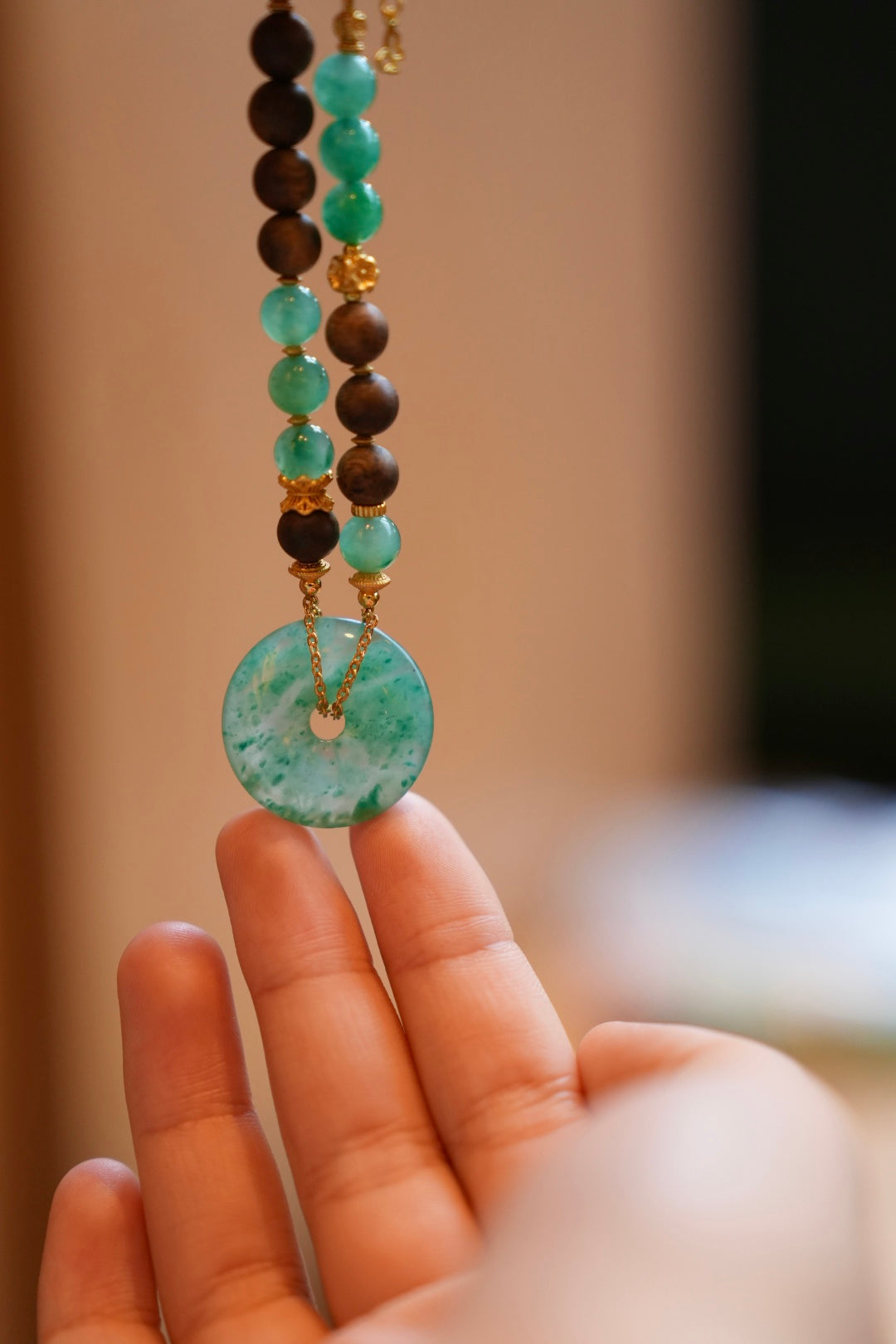 Kynam Agarwood Necklace, Green Aventurine & Peace-Clasp Pendant
