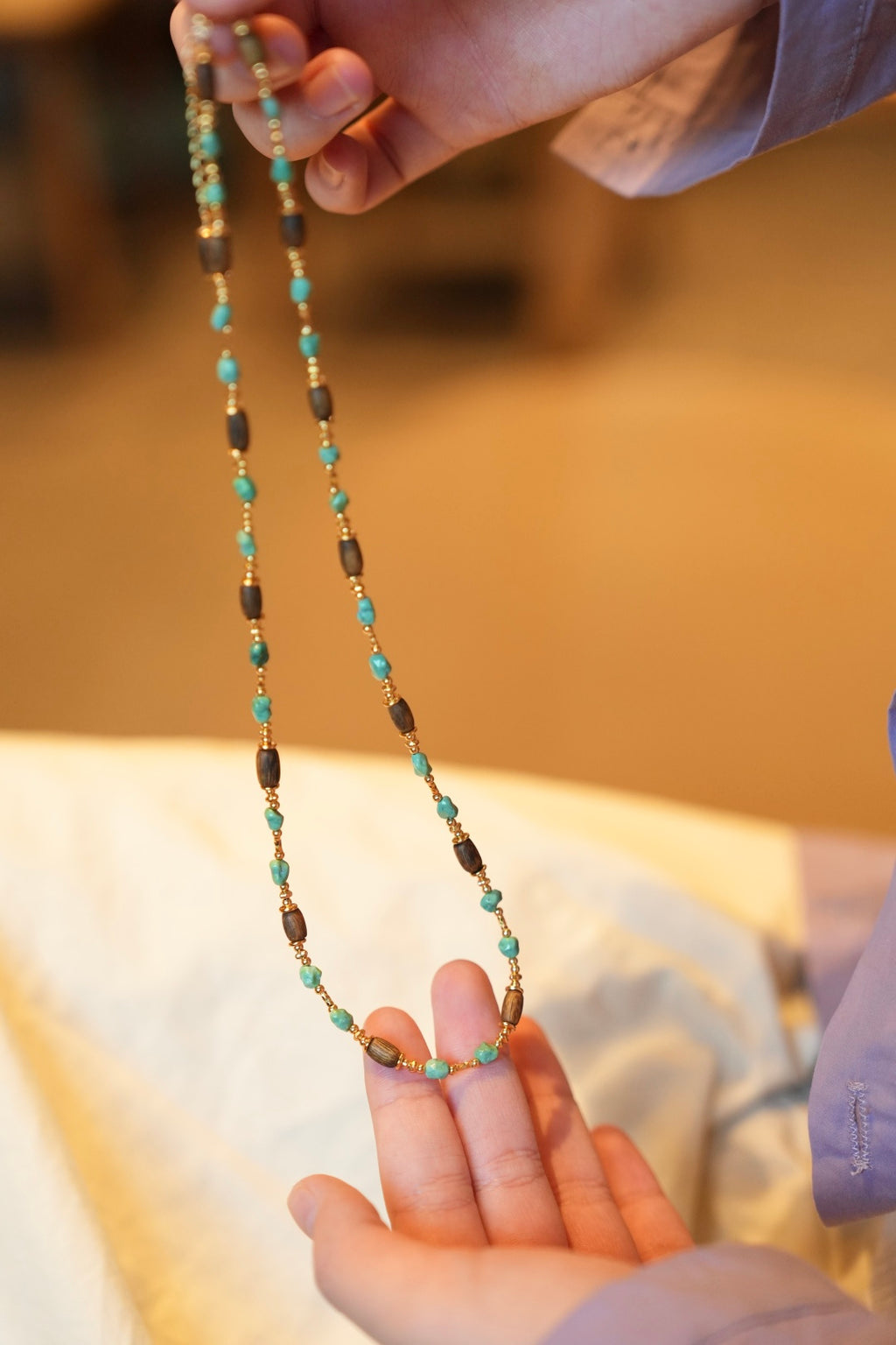 Kynam Agarwood & Turquoise Long Necklace, High-Porcelain Seed Stones, Barrel Beads
