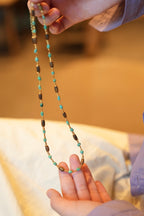 Kynam Agarwood & Turquoise Long Necklace, High-Porcelain Seed Stones, Barrel Beads