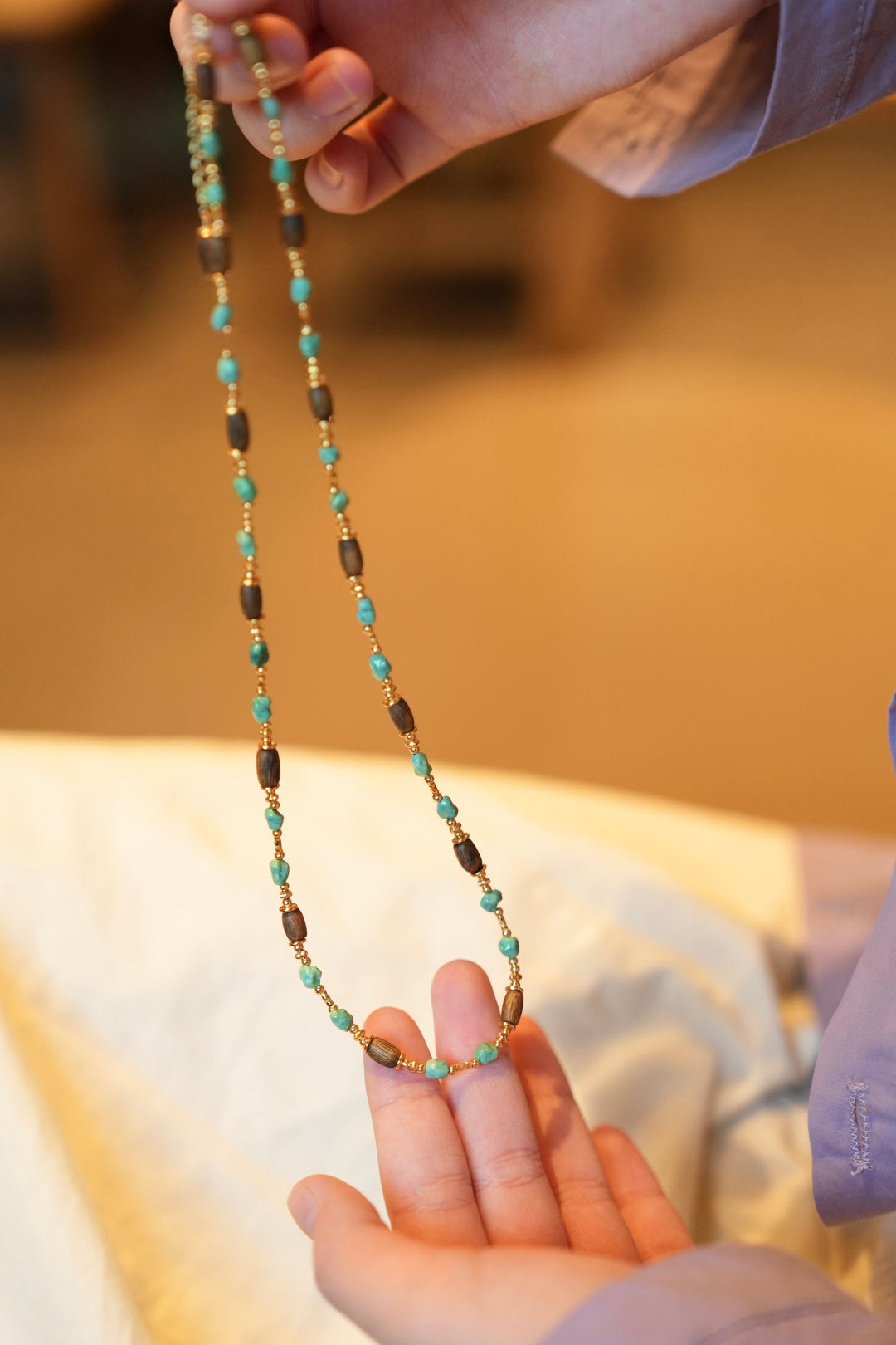 Kynam Agarwood & Turquoise Long Necklace, High-Porcelain Seed Stones, Barrel Beads