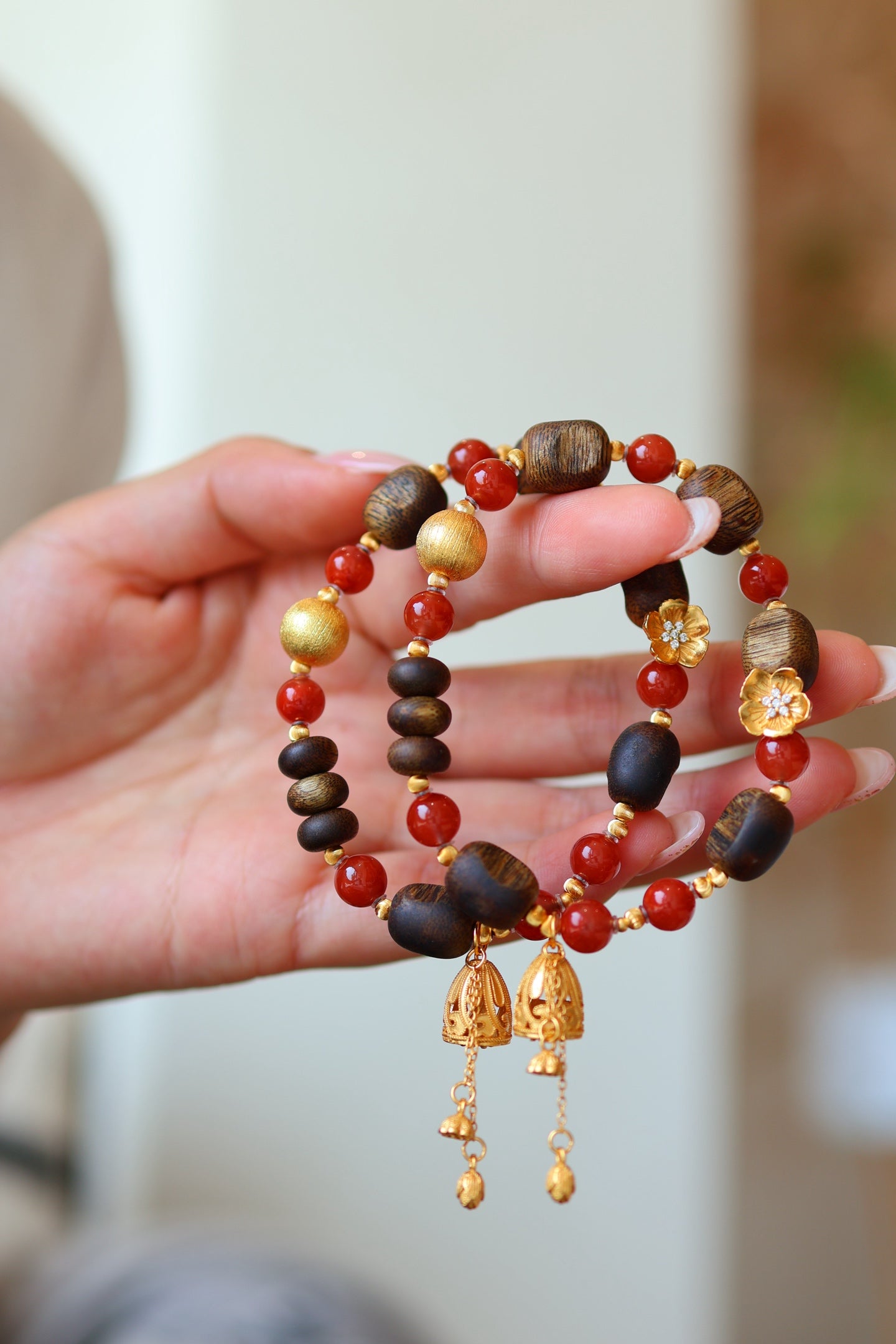 Kynam Agarwood & South Red Agate Bracelet Set, Plum Blossom Charm