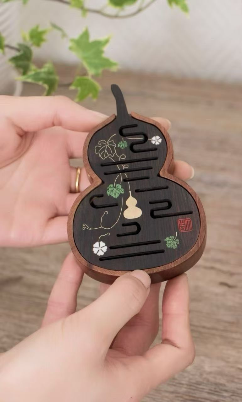 Da Ji Gourd Incense Holder, Dark Wood & Brass Inlay