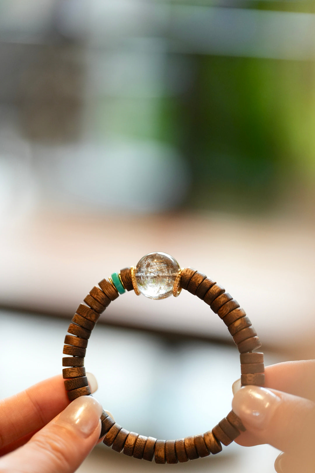 Kynam Agarwood Bracelet, Rutilated Quartz & Turquoise, Disc-Cut