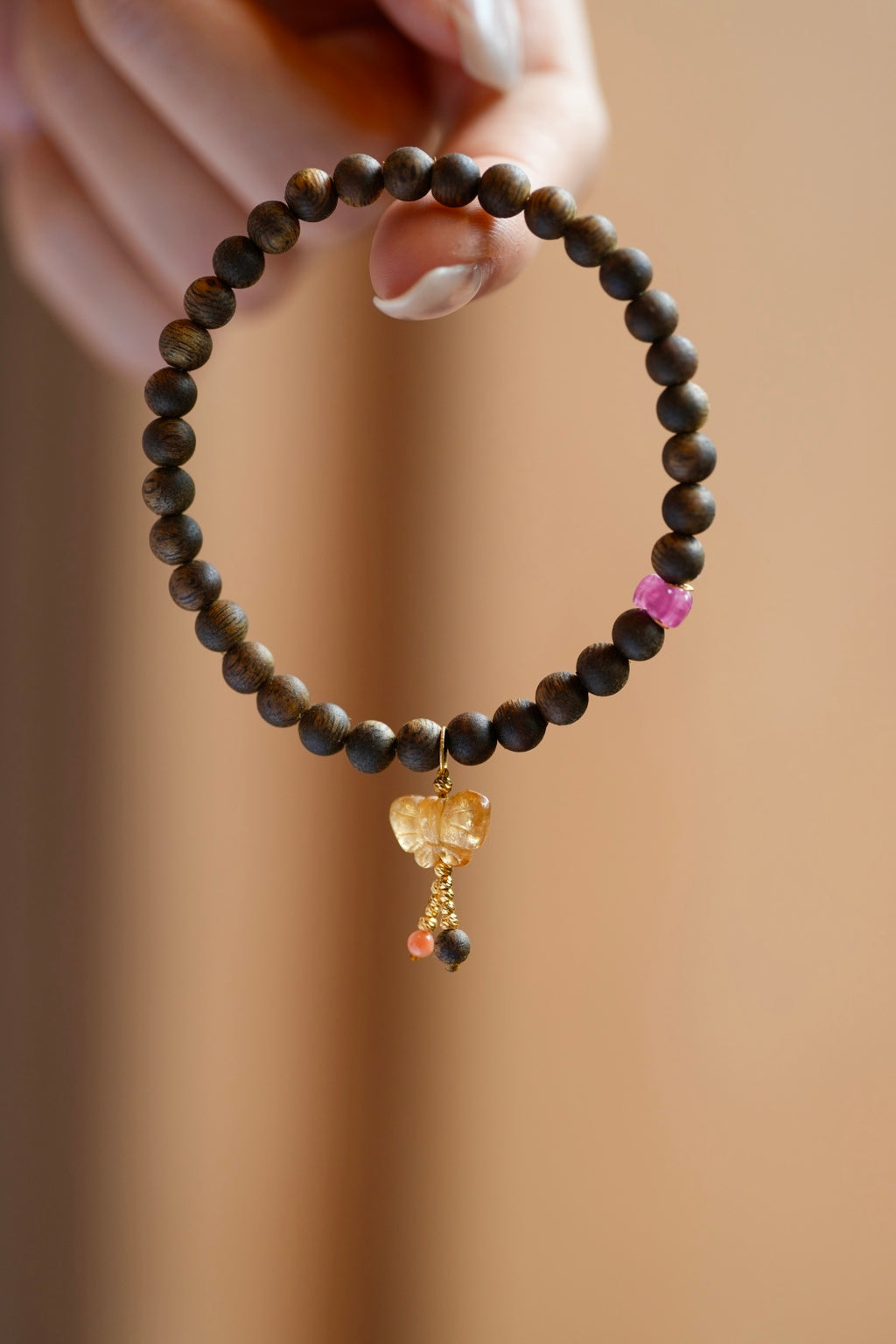 Kynam Agarwood Bracelet, Yellow Tourmaline Butterfly & Coral