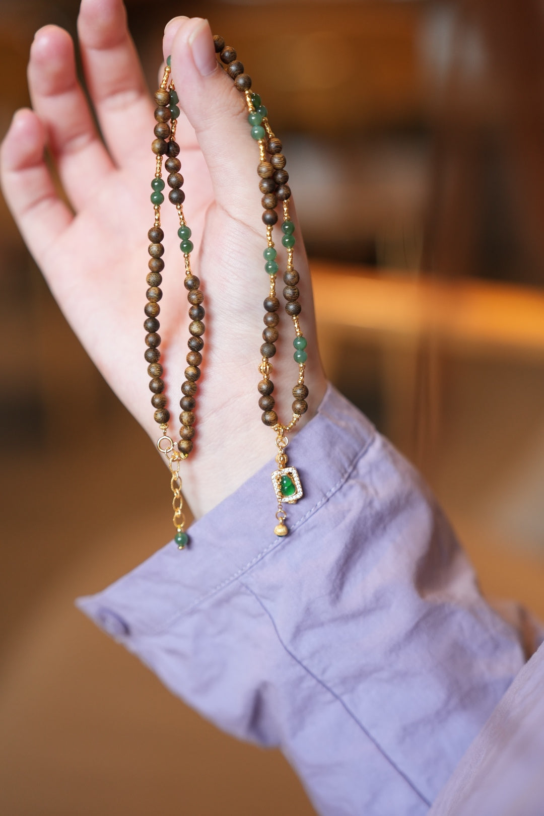 Kynam Agarwood Necklace, Ice-Green Jadeite & Carved Gourd