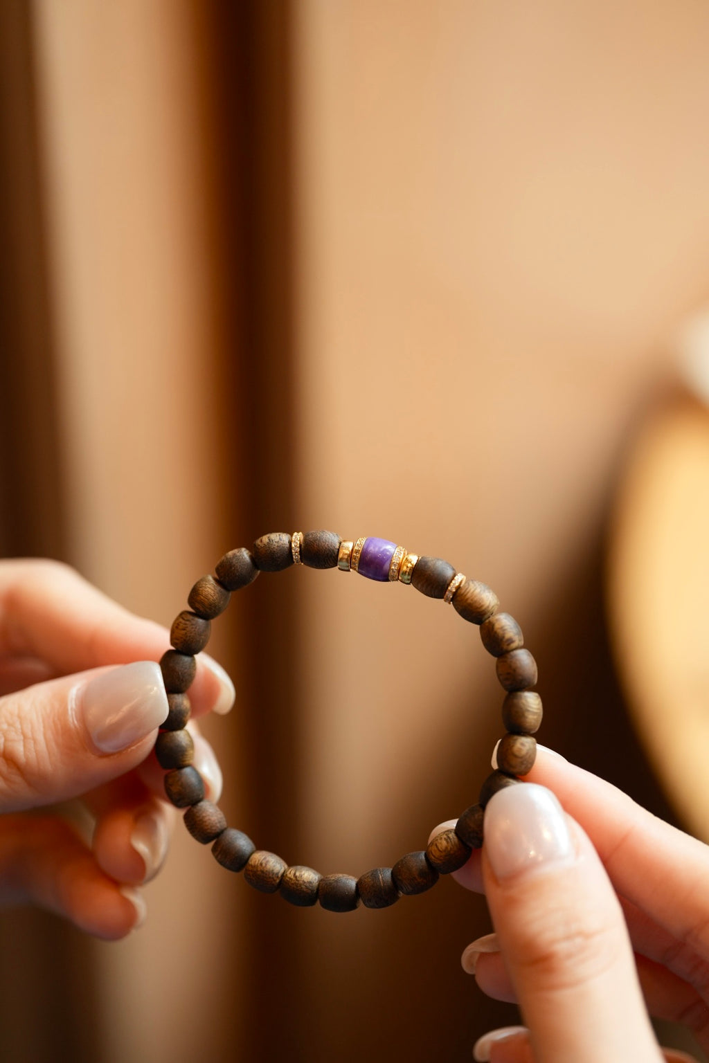 Kynam Agarwood Bracelet, Charoite & Crystal-Set Rondelles