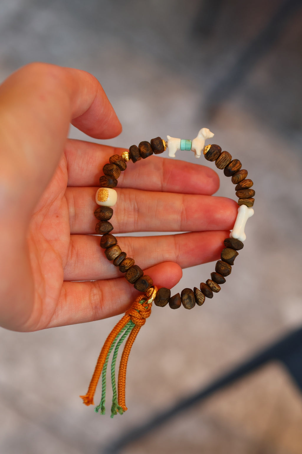 Kynam Agarwood Bracelet, Mammoth Bone Dog Charm, Turquoise, Adjustable Cord