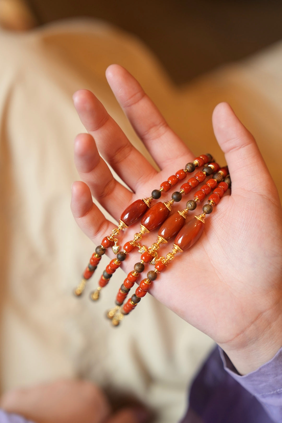 Kynam Agarwood Bracelet, South Red Agate Barrels & Beads