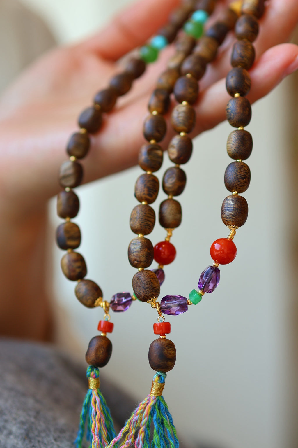 Kynam Agarwood Bracelet, Worm-Bore Beads, Five-Stone Accent & Tassel