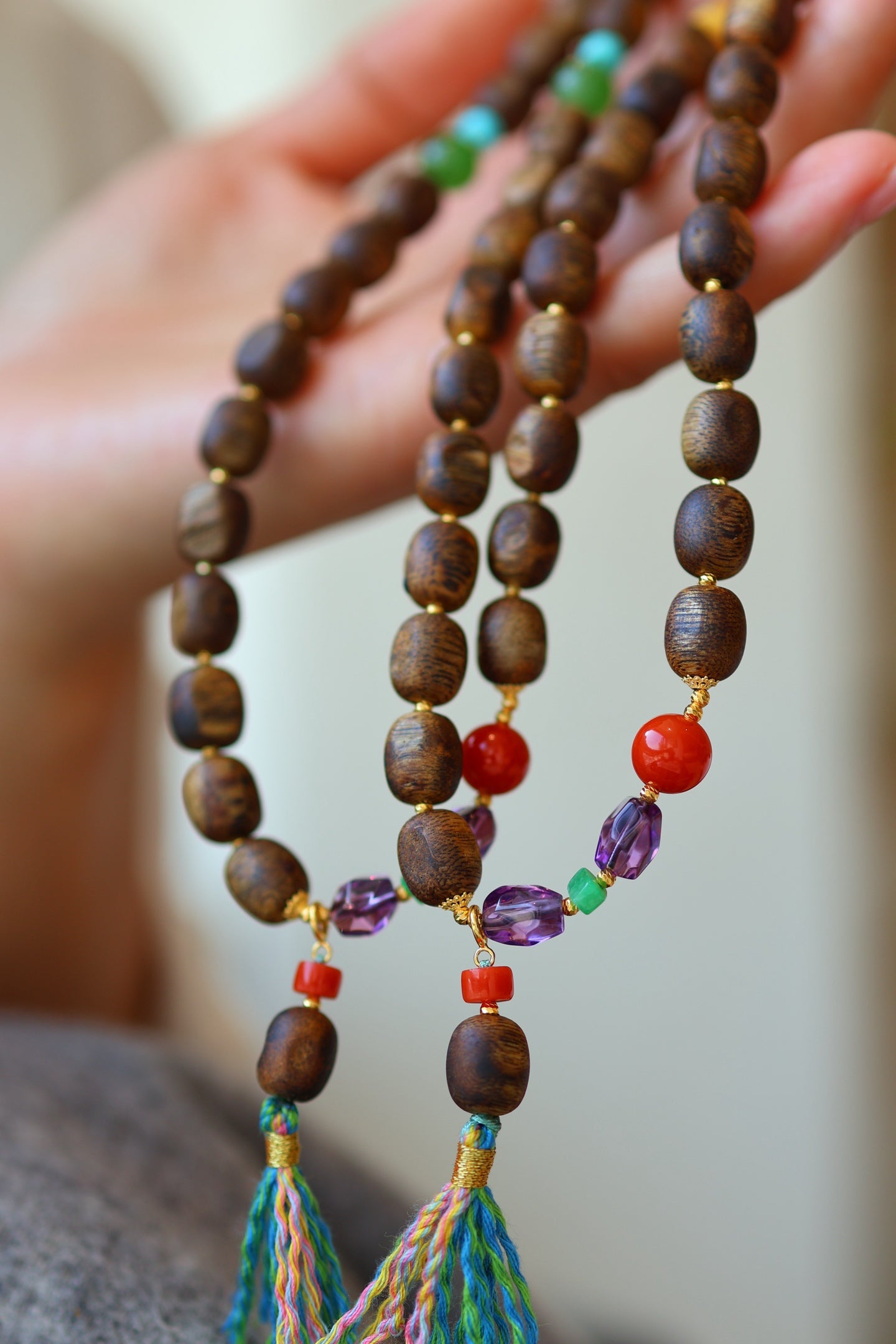 Kynam Agarwood Bracelet, Worm-Bore Beads, Five-Stone Accent & Tassel