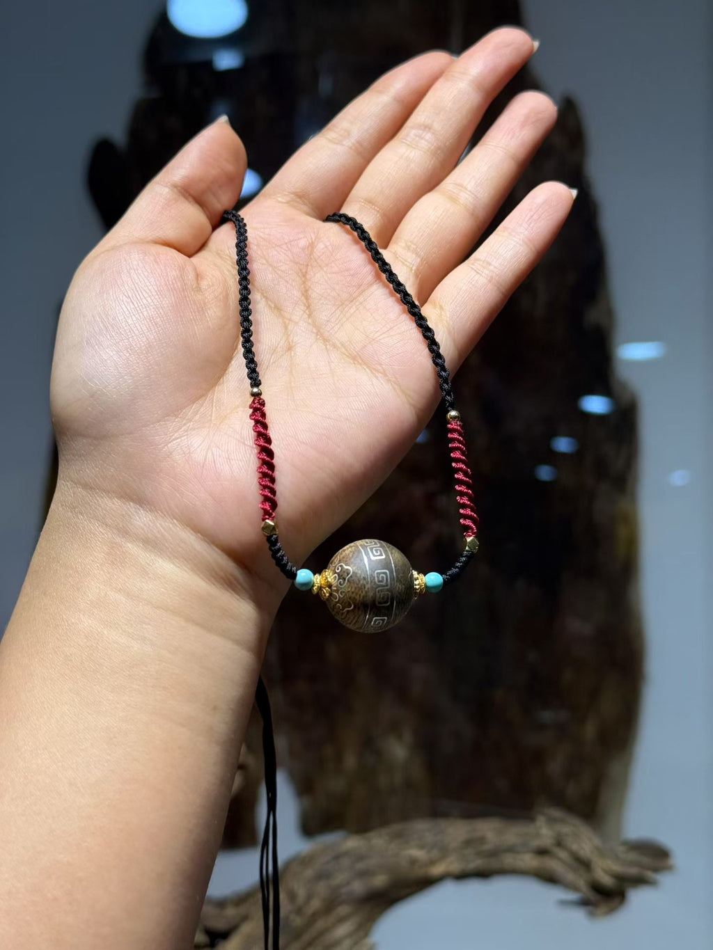 Kynam Agarwood Pendant Necklace, Carved Focal Bead, Handwoven Cord