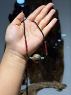 Kynam Agarwood Pendant Necklace, Carved Focal Bead, Handwoven Cord