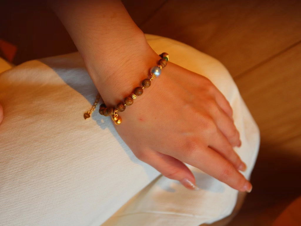 Kynam Agarwood Necklace, Akoya Pearl, Nephrite Jade, 50 cm, Detachable Bracelet