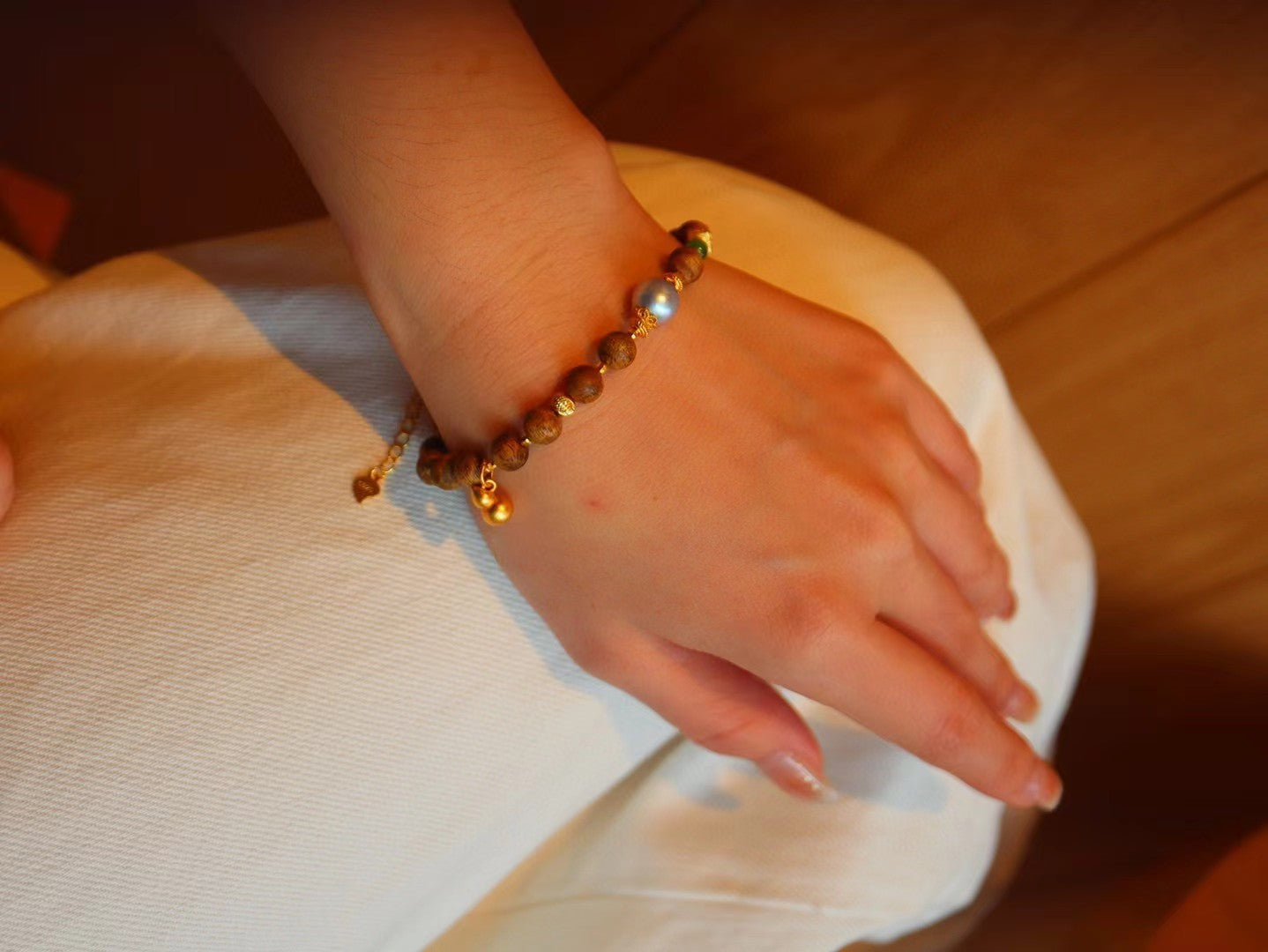 Kynam Agarwood Necklace, Akoya Pearl, Nephrite Jade, 50 cm, Detachable Bracelet