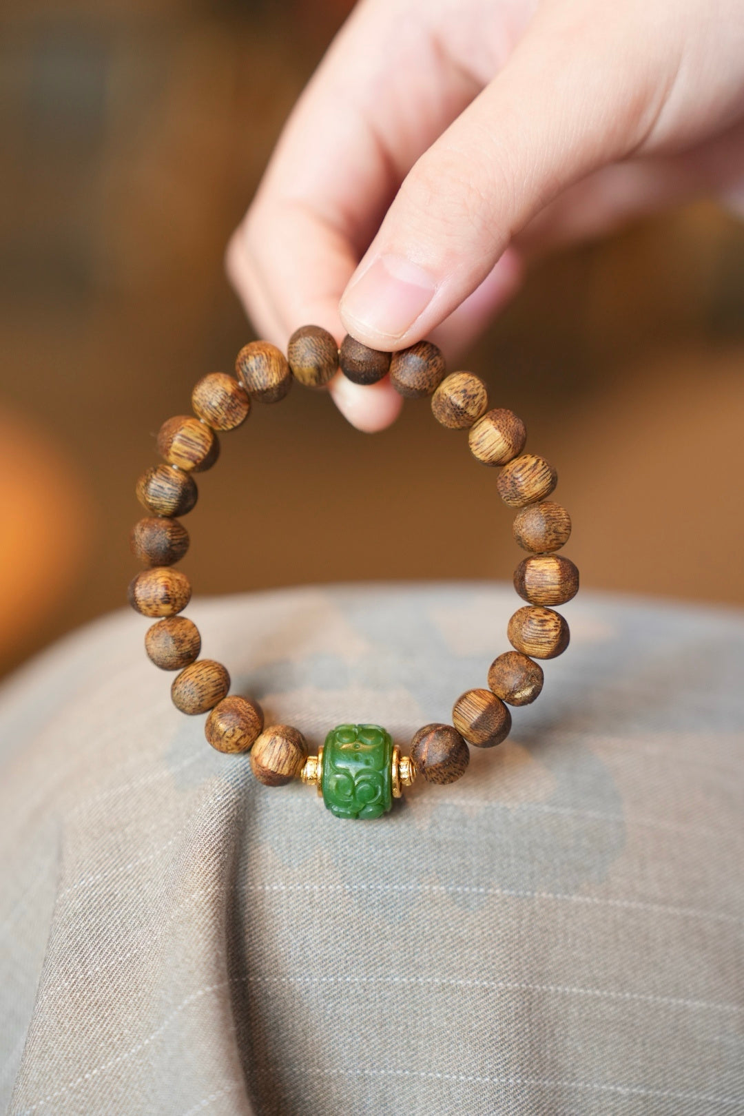Kynam Agarwood Bracelet, Carved Nephrite Jade Focal
